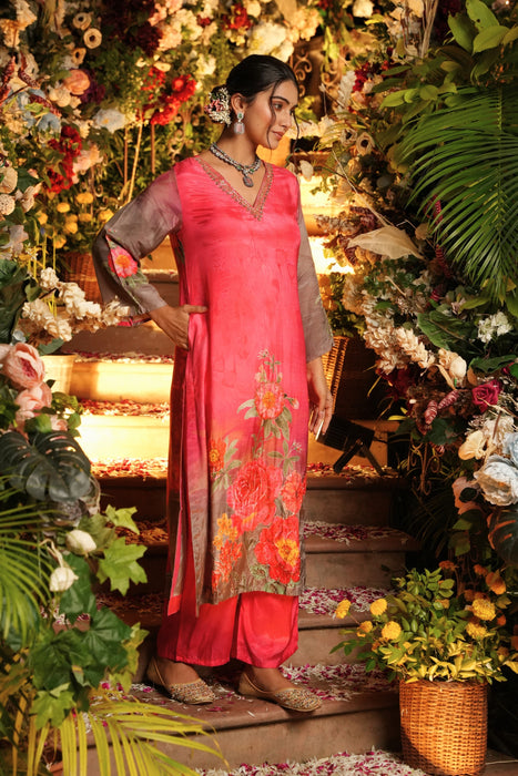 Floral Printed Kurta & Pant - Hand Embroidered - Set of 2 - Pink