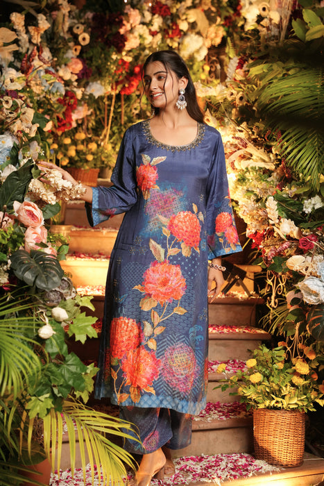 Floral Printed SET-Hand Embroidered - Set of 3- Blue