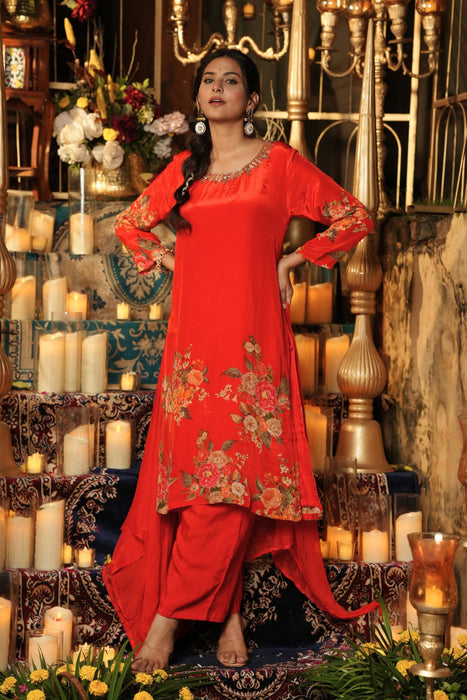 Floral Printed Kurta & Pant - Hand Embroidered - Set of 2 - Orange