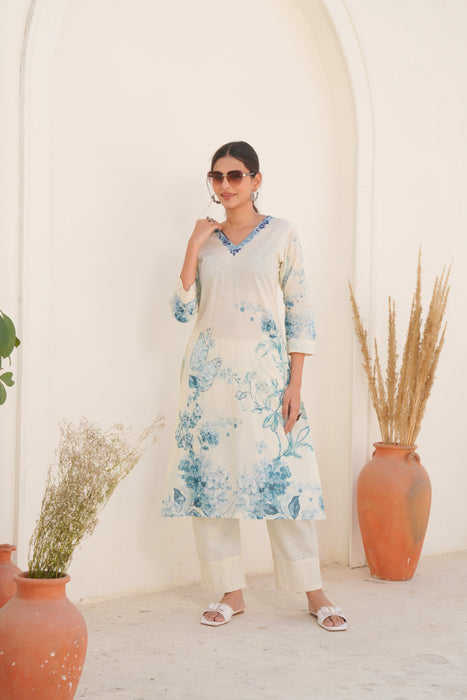 Printed Cotton Kurta & Pant - Hand Embroidered - Set of 2 - Off White