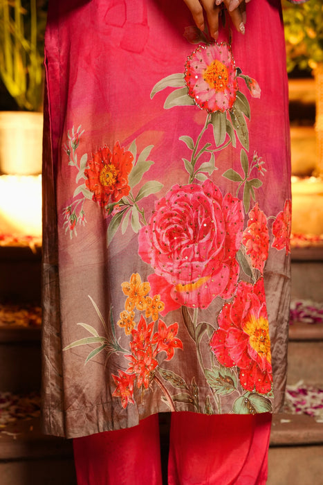 Floral Printed Kurta & Pant - Hand Embroidered - Set of 2 - Pink