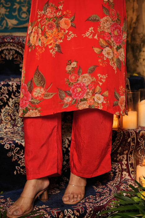 Floral Printed Kurta & Pant - Hand Embroidered - Set of 2 - Orange