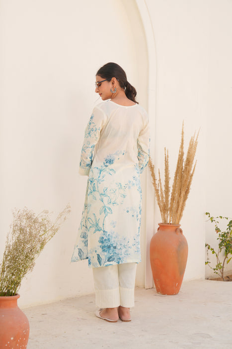 Printed Cotton Kurta & Pant - Hand Embroidered - Set of 2 - Off White
