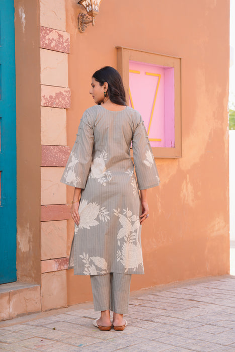 Printed Cotton Kurta & Pant - Hand Embroidered - Set of 2 - Grey