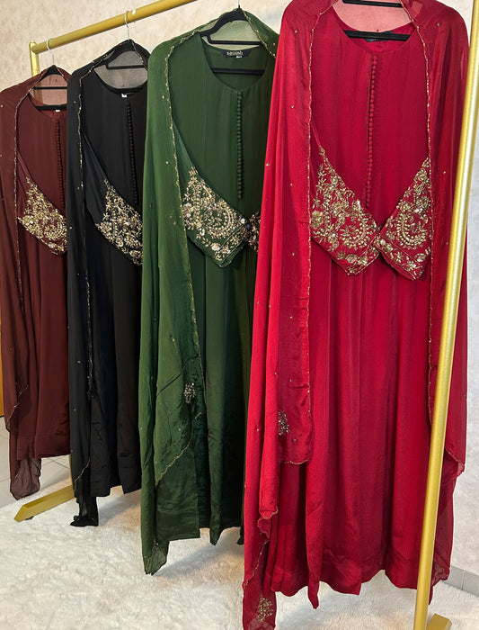 Classy Anarkali 3pc Set with heavy embroidered sleeves.