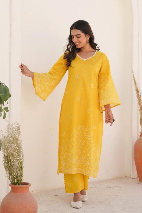 Cotton Hand Embroidered bead work Kurta Set- Set of 2