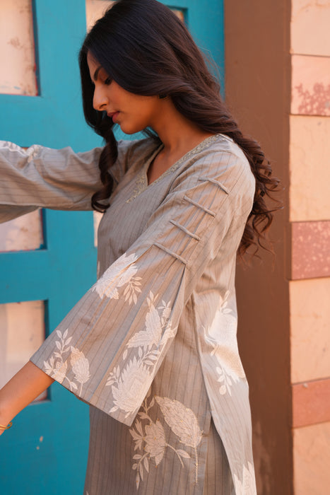Printed Cotton Kurta & Pant - Hand Embroidered - Set of 2 - Grey