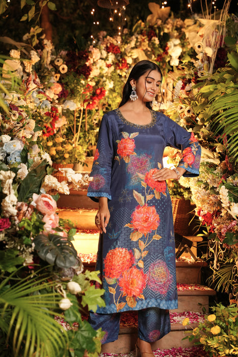 Floral Printed SET-Hand Embroidered - Set of 3- Blue