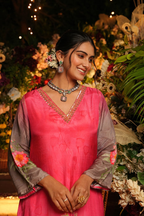 Floral Printed Kurta & Pant - Hand Embroidered - Set of 2 - Pink