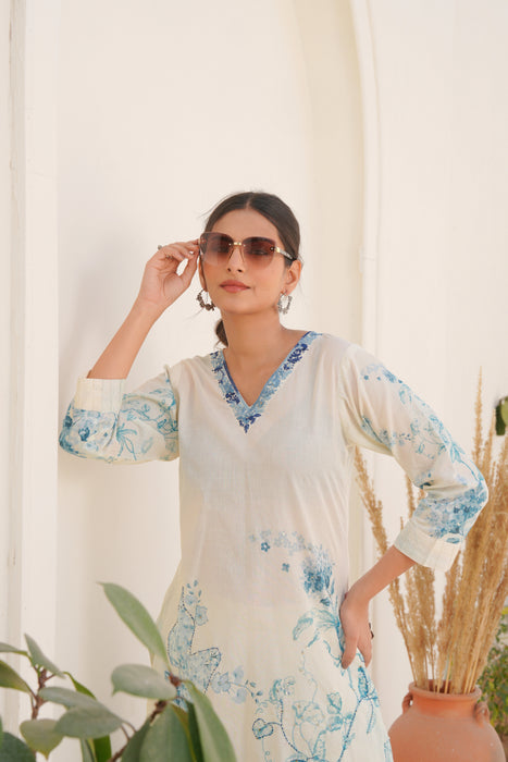 Printed Cotton Kurta & Pant - Hand Embroidered - Set of 2 - Off White