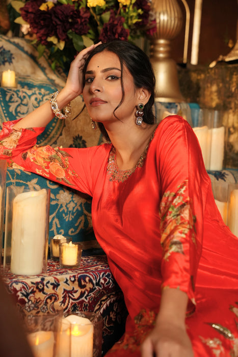 Floral Printed Kurta & Pant - Hand Embroidered - Set of 2 - Orange