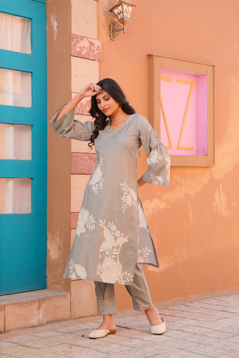 Printed Cotton Kurta & Pant - Hand Embroidered - Set of 2 - Grey