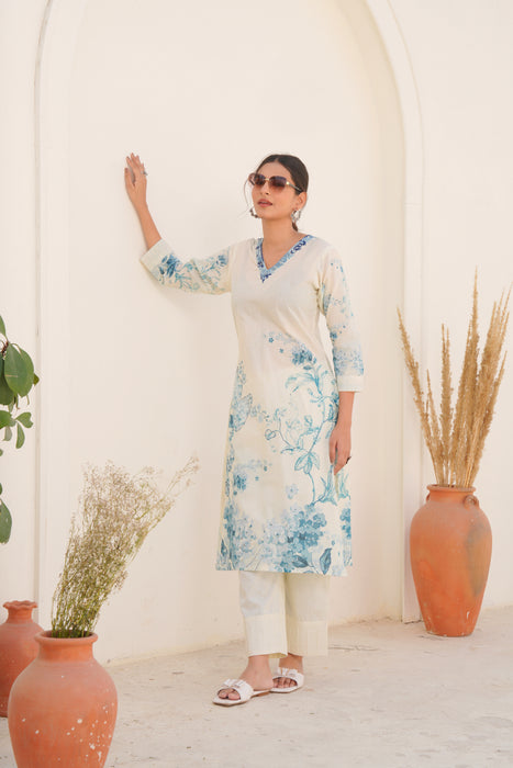 Printed Cotton Kurta & Pant - Hand Embroidered - Set of 2 - Off White