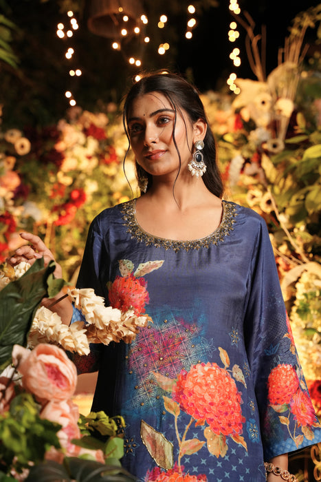 Floral Printed SET-Hand Embroidered - Set of 3- Blue