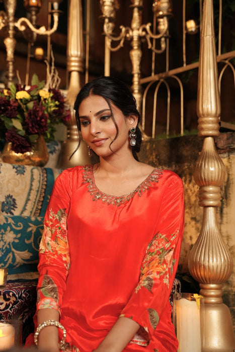 Floral Printed Kurta & Pant - Hand Embroidered - Set of 2 - Orange