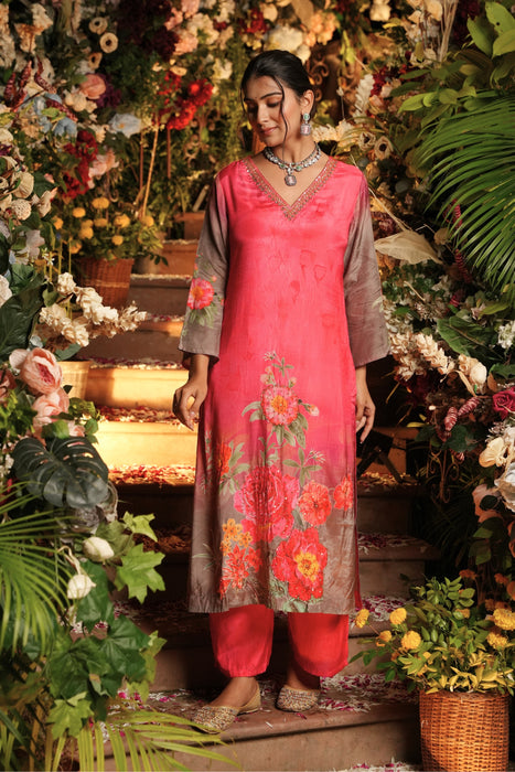 Floral Printed Kurta & Pant - Hand Embroidered - Set of 2 - Pink