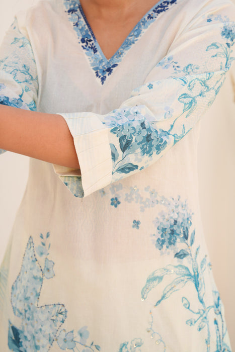 Printed Cotton Kurta & Pant - Hand Embroidered - Set of 2 - Off White