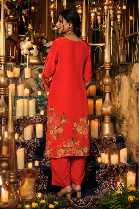 Floral Printed Kurta & Pant - Hand Embroidered - Set of 2 - Orange