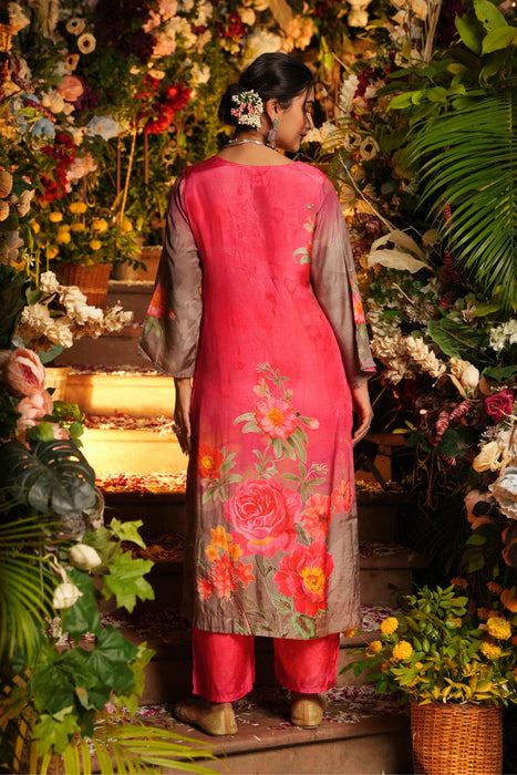 Floral Printed Kurta & Pant - Hand Embroidered - Set of 2 - Pink