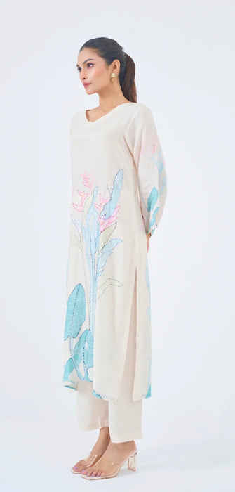 Katha Stitch Embroidered Kurta Set- 2Pc- Kurta and Pant