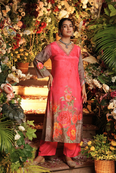 Floral Printed Kurta & Pant - Hand Embroidered - Set of 2 - Pink