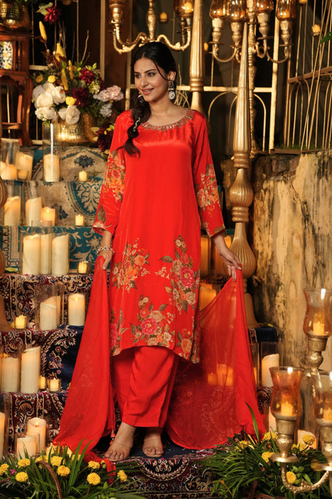 Floral Printed Kurta & Pant - Hand Embroidered - Set of 2 - Orange