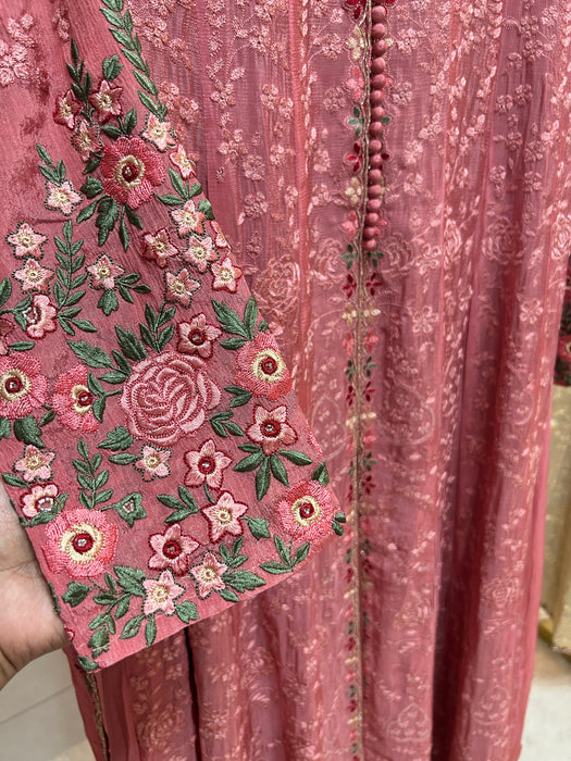 Front Open Heavy Embroidered Ready to Wear Ladies Anarkali Sets- Set of 3.