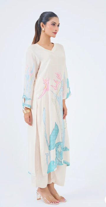 Katha Stitch Embroidered Kurta Set- 2Pc- Kurta and Pant